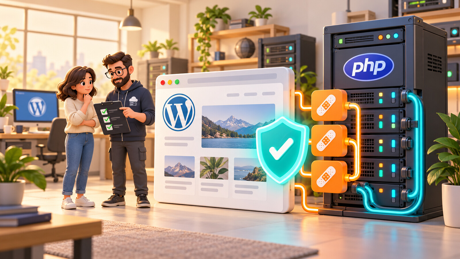 La propietaria de la web y el técnico de hosting comprueban los parches PHP frente al servidor.